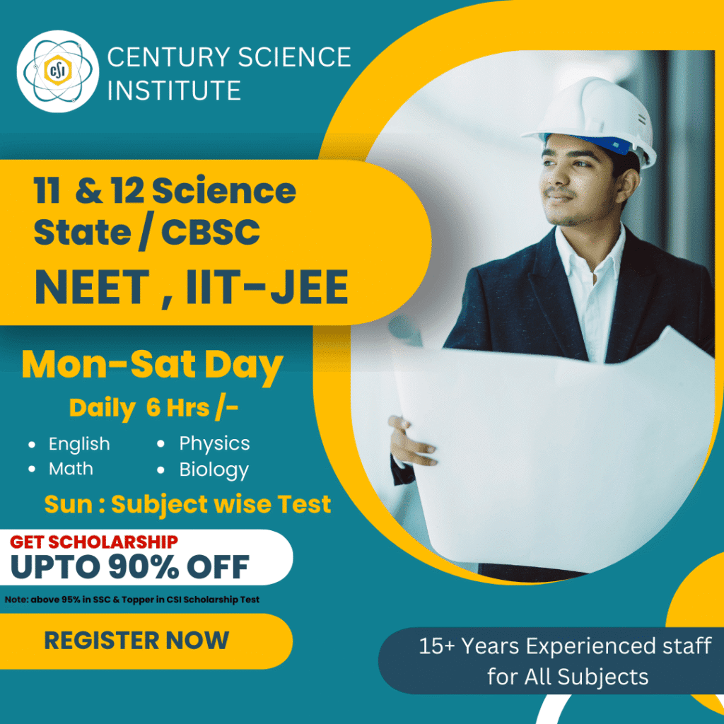Century Science Institute advertisement for 11th and 12th Science (State/CBSE) NEET and IIT-JEE coaching classes in Nagpur — mentions daily 6-hour sessions from Monday to Saturday, subject-wise Sunday tests, and scholarships up to 90% off for top students.